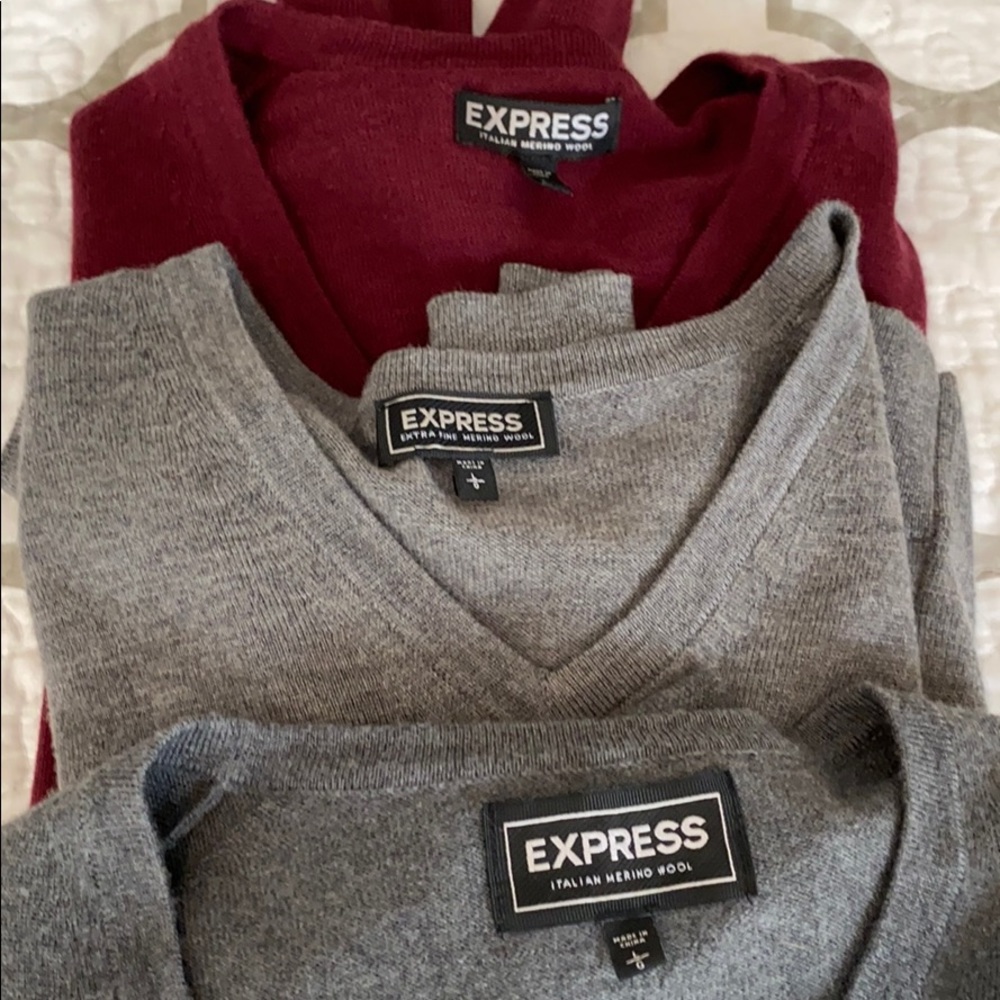 Three Express Merino Wool V-Neck Sweaters Large